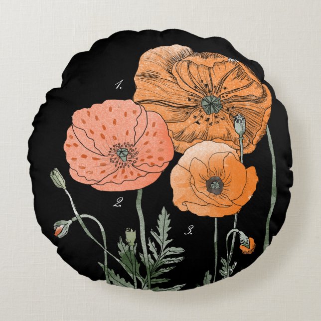Poppy Study | Orange against black Round Pillow (Front)