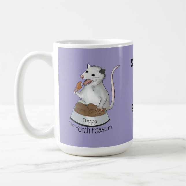 Poppy The Porch Possum Coffee Mug, Purple Mug (Left)