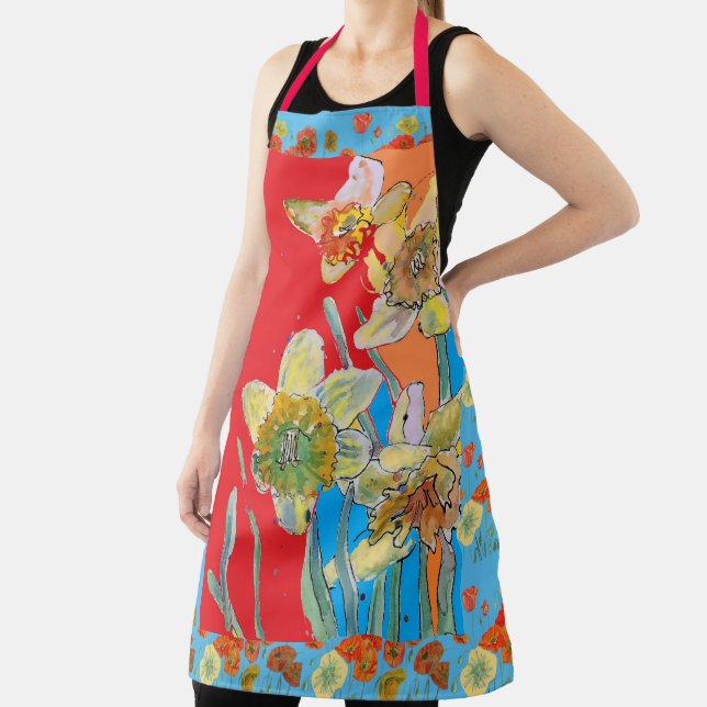 Poppy Watercolor Daffodil Red Flower floral Apron (Insitu)