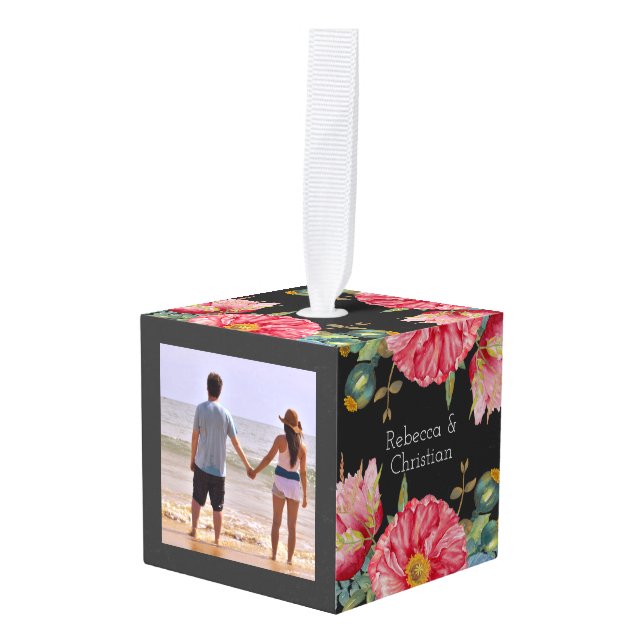 Poppy Watercolor Flower Personalized Wedding Cube Ornament (Front Angled)