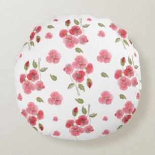 Poppy Watercolor Flower Round Pillow