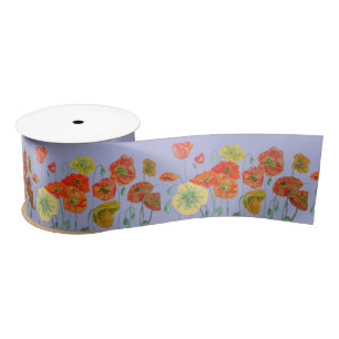Poppy Watercolor Orange Red Lilac Purple floral Satin Ribbon