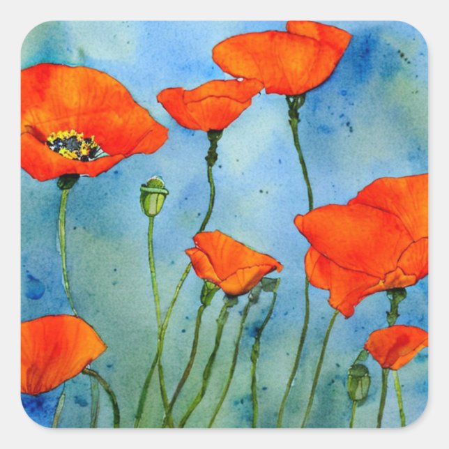Poppy Watercolor Square Sticker (Front)