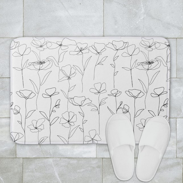 Poppy Wildflower Black and White Minimal Floral Bath Mat (In situ bathroom floor)