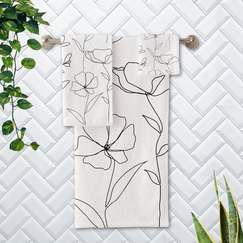 Poppy Wildflower Black and White Minimal Floral Bath Towel Set