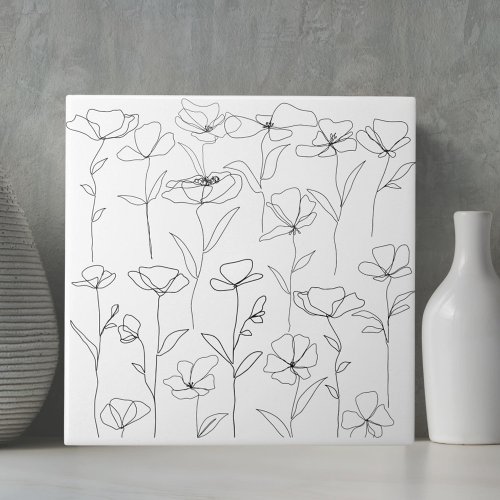 Poppy Wildflower Black and White Minimal Floral Ceramic Tile