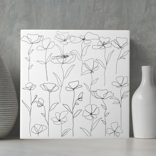 Poppy Wildflower Black and White Minimal Floral Ceramic Tile (Close up)