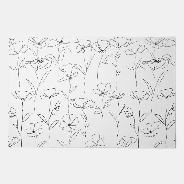 Poppy Wildflower Black and White Minimal Floral Doormat (Front)
