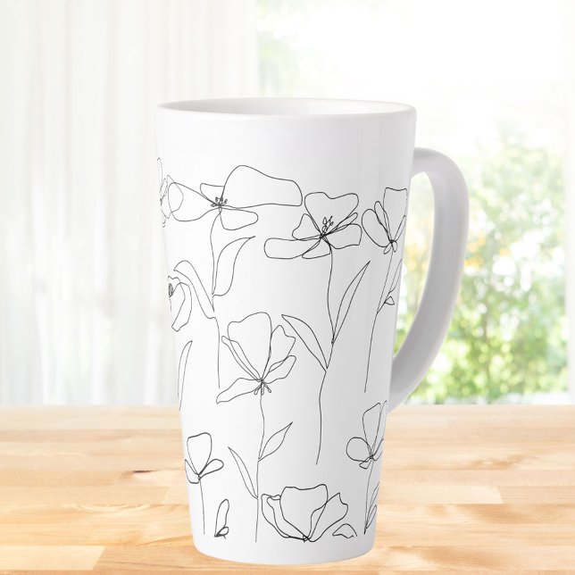 Poppy Wildflower Black and White Minimal Floral Latte Mug (In situ Kitchen table)