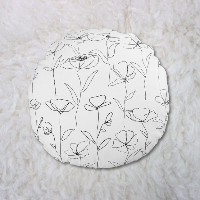 Poppy Wildflower Black and White Minimal Floral Round Pillow (In situ)