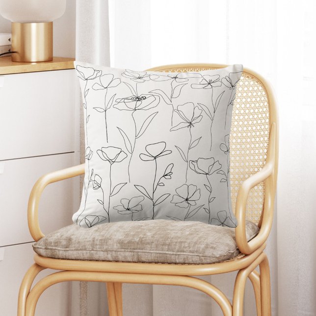 Poppy Wildflower Black and White Minimal Floral Throw Pillow (In situ)