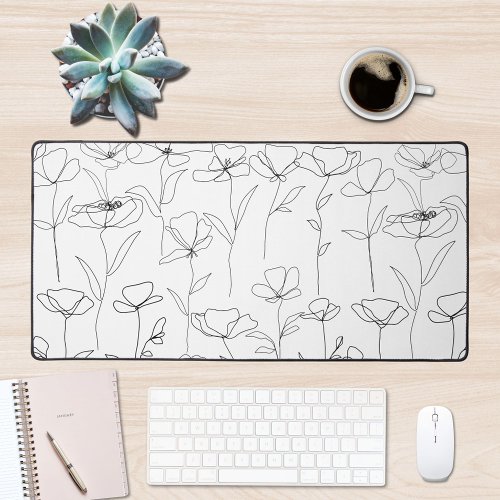 Poppy Wildflower Black and White Minimalist Floral Desk Mat