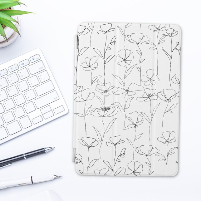 Poppy Wildflower Black and White Minimalist Floral iPad Mini Cover (In situ)