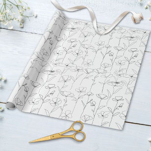 Poppy Wildflower Black and White Minimalist Floral Wrapping Paper