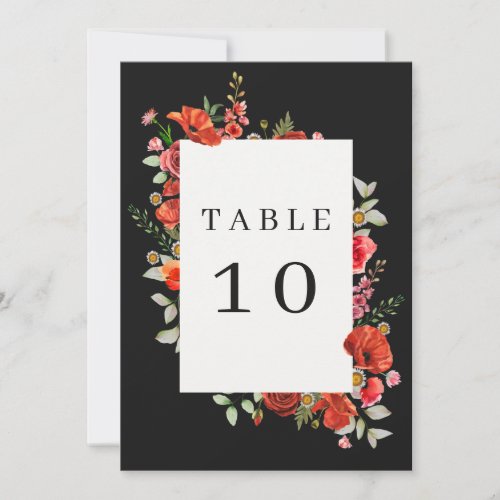 Poppy Wildflowers Dark Wedding Table Number