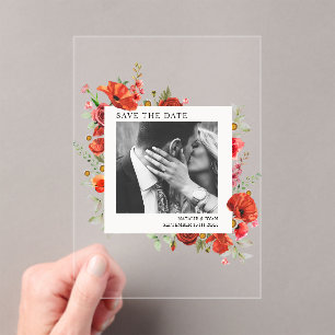 Poppy Wildflowers Engagement Photo Save The Date Acrylic Invitations