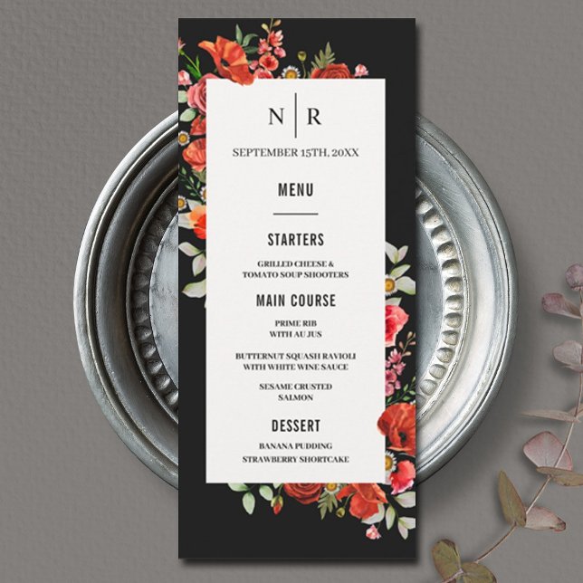Poppy Wildflowers Monogram Dark Wedding Menu (Creator Uploaded)