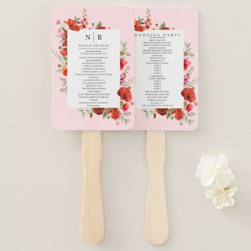 Poppy Wildflowers Pink Wedding Program Hand Fan