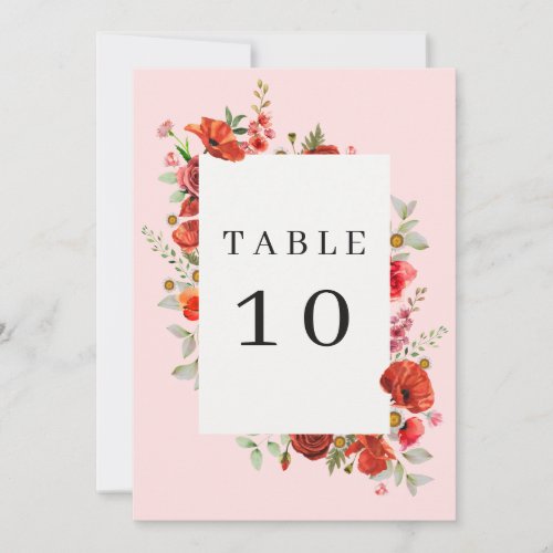 Poppy Wildflowers Pink Wedding Table Number