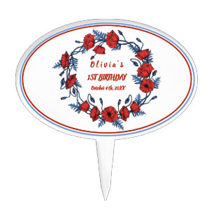 Poppy Wreath Floral First Birthday Cake Topper
