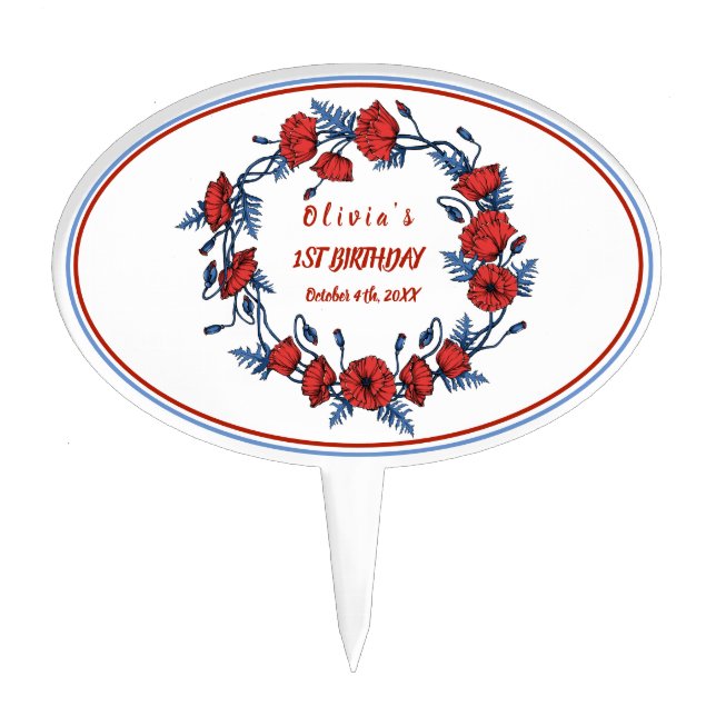 Poppy Wreath Floral First Birthday Cake Topper (Front)