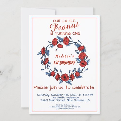 Poppy Wreath Floral First Birthday Invitation