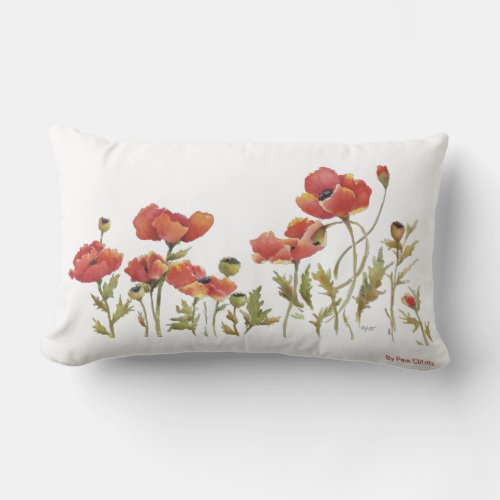 Poppys graceful red flowers dancing in watercolor lumbar pillow