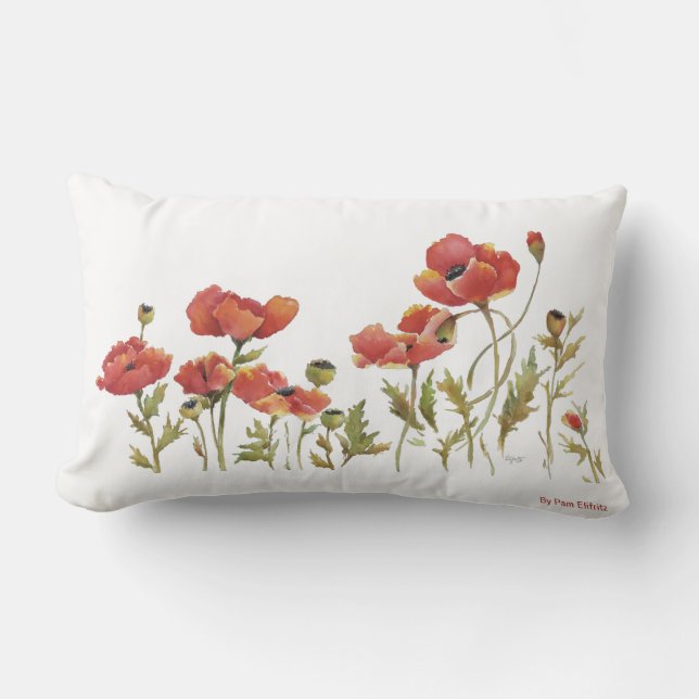 Poppy's graceful red flowers dancing in watercolor lumbar pillow (Front)