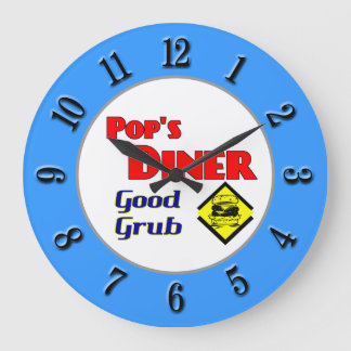 Pop's Diner Retro Red Blue Kitchen Clock