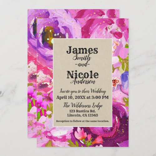 Pops Of Pink Purple Gold Modern Floral Wedding Invitation