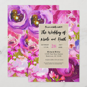 Pops Of Pink Purple Gold Modern Floral Wedding Invitation