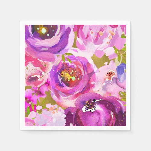 Pops Of Pink Purple Gold Modern Trendy Floral Chic Paper Napkins