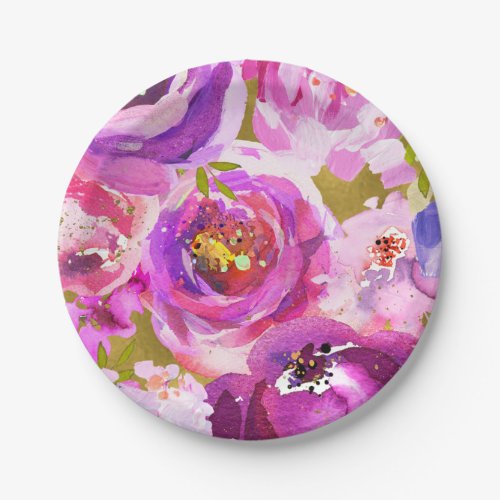 Pops Of Pink Purple Gold Modern Trendy Floral Chic Paper Plates