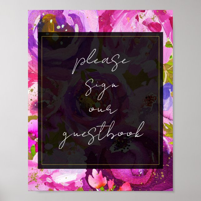 Pops of Pink Purple Vibrant Floral Guestbook Sign (Front)