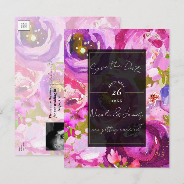 Pops of Pink & Purple Vibrant Floral Save the Date Announcement Postcard (Front/Back)