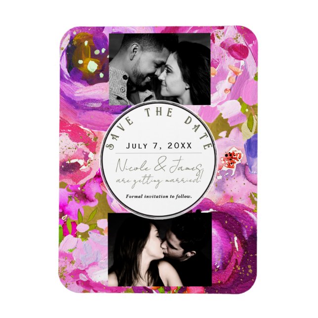 Pops of Pink & Purple Vibrant Floral Save the Date Magnet (Vertical)