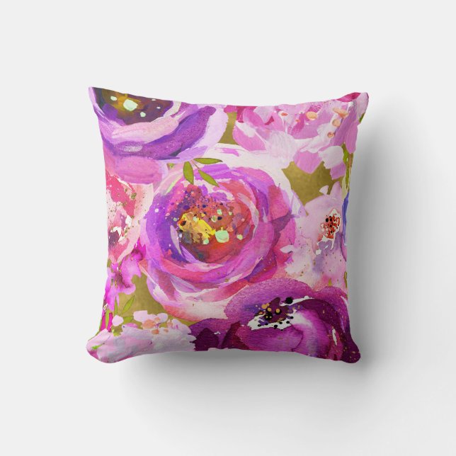 Pops of Pink & Purple Vibrant Floral  Throw Pillow (Front)