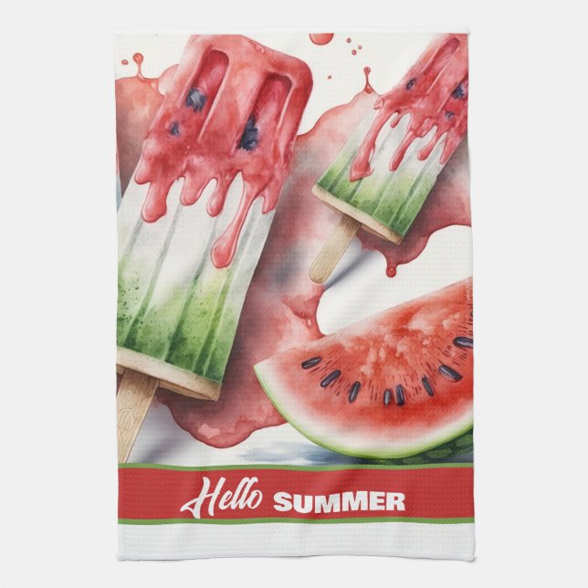 Popscles and Watermelon, HELLO SUMMER  Kitchen Towel (Vertical)