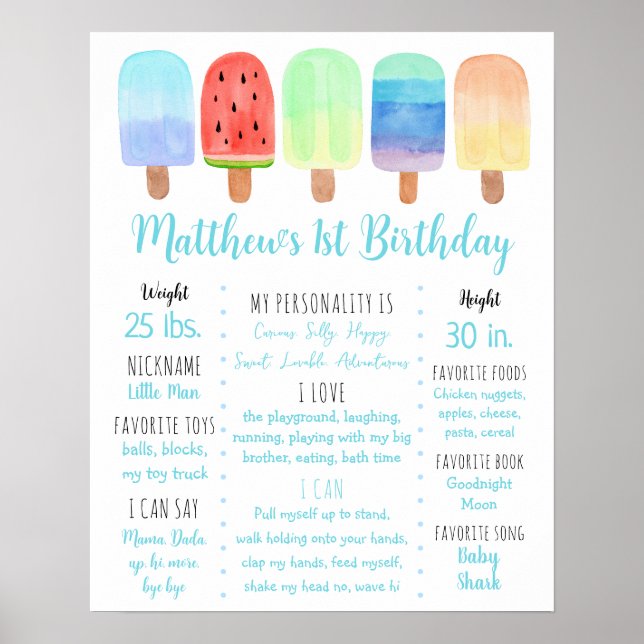 Popsicle Blue Boy First Birthday Milestone Poster (Front)