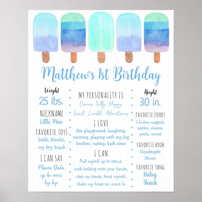Popsicle Blue Boy First Birthday Milestone Poster (Front)