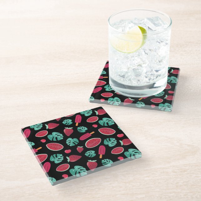 Popsicle, Cherry, Strawberry & Watermelon Leaves Glass Coaster (Angled)