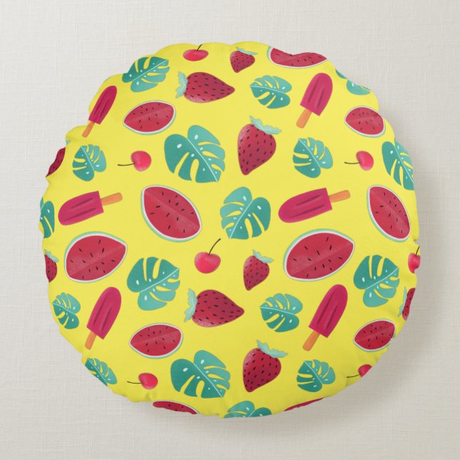 Popsicle, Cherry, Strawberry & Watermelon Round Pillow (Front)