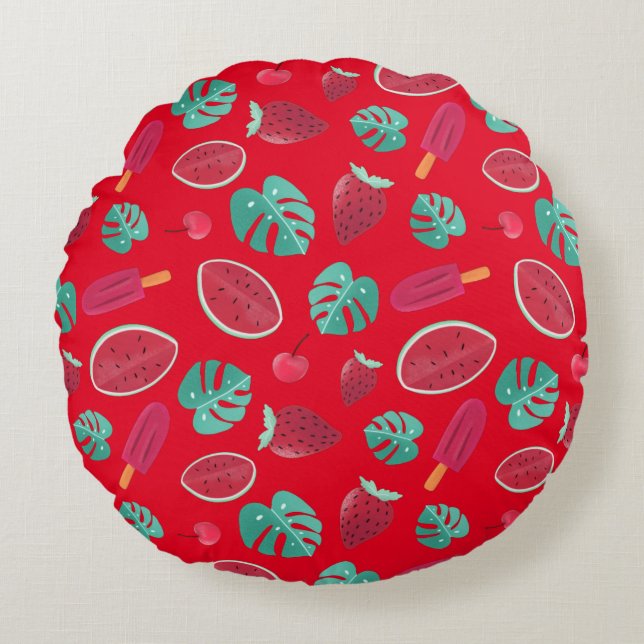 Popsicle, Cherry, Strawberry & Watermelon Round Pillow (Front)