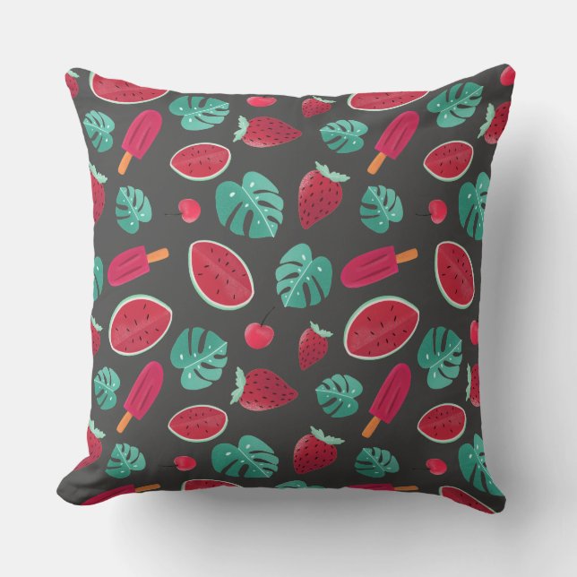 Popsicle, Cherry, Strawberry & Watermelon Throw Pillow (Front)