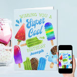 Popsicle Custom Age Boy Super Cool Birthday Card<br><div class="desc">Personalized Popsicle Birthday Card for a special boy. This colorful design features watercolor popsicles and chocolate dipped ice creams on sticks. The wording reads "wishing you a super cool #th birthday [name]" in whimsical typography and retro hand lettering. The template is set up for you to customize with any age,...</div>