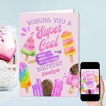 Popsicle Custom Age Girl Super Cool Birthday Card<br><div class="desc">Personalized Popsicle Birthday Card for a special girl. This colorful design features watercolor popsicles and chocolate dipped ice creams on sticks. The wording reads "wishing you a super cool #th birthday [name]" in whimsical typography and retro hand lettering. The template is set up for you to customize with any age,...</div>