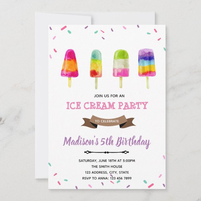 Popsicle girl ice cream birthday invitation (Front)