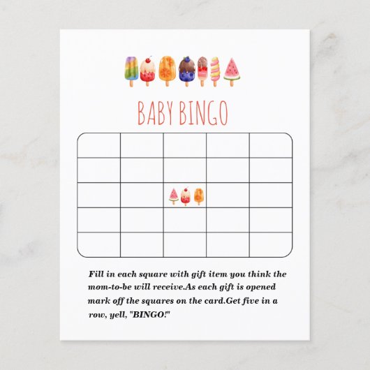 Popsicle Ice Cream baby shower bingo game (Front)