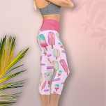 Popsicle Ice Cream Colorful Cute Trendy Modern Fun Capri Leggings<br><div class="desc">This colorful summer ice cream design was created using my hand painted watercolor popsicles in soft shades of purple,  red,  blue,  pink,  and yellow on a pale purple background and a grape purple waistband for a fun food design.</div>