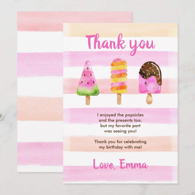 Popsicle Ice Cream Summer Birthday Thank You Card (Front/Back)